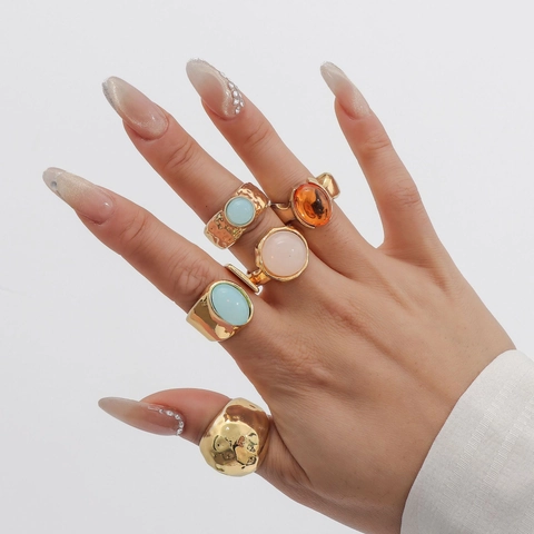 Bohemian Vintage Alloy Acrylic Ring Set For Women Gold Silver Plated Irregular Hammered Geometric Stacking Finger Rings Jewelry