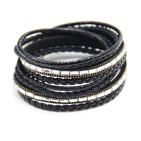 Handmade Braided Rhinestone Wrap Bracelet For Women Bohemian Multi Layer Artificial Leather Magnetic Buckle Zinc Alloy Bangle Jewelry