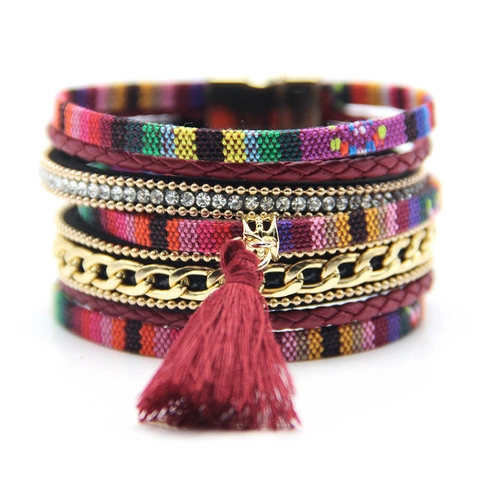 Bohemien Mehrlagig Wickelarmband Für Damen Legierung Kunstleder Strass Quaste Magnetverschluss Ethnisch Mode Schmuck