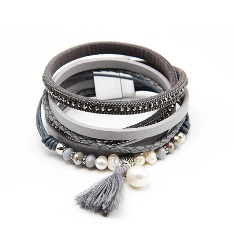 Bracciale Multistrato Avvolgente Bohémien da Donna in Lega Perla Artificiale Nappa Chiusura Magnetica Strass Bracciale in Pelle Gioielli