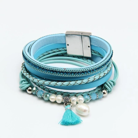 Bracciale Multistrato Avvolgente Bohémien da Donna in Lega Perla Artificiale Nappa Chiusura Magnetica Strass Bracciale in Pelle Gioielli