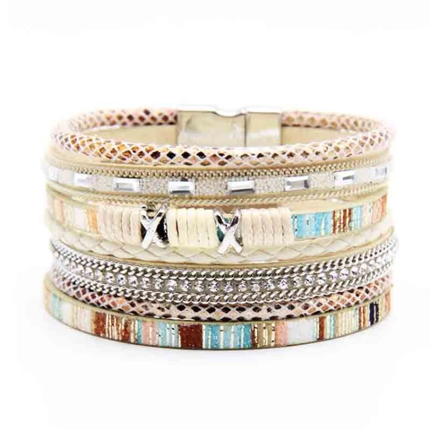 Bohemian Multi-layer Wrap Bracelet For Women Synthetic Leather Rhinestone Alloy Magnetic Buckle Ethnic Fashion Jewelry