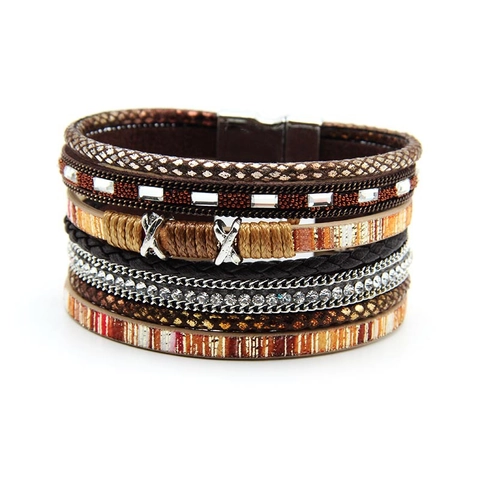 Bohemian Multi-layer Wrap Bracelet For Women Synthetic Leather Rhinestone Alloy Magnetic Buckle Ethnic Fashion Jewelry
