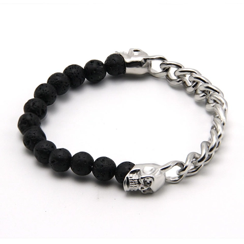 Braccialetto Punk Gothic in Pietra Lavica Con Catena Cuban in Metallo Ciondoli a Teschio Gioielli Hip Hop Regolabili Per Uomo Donna