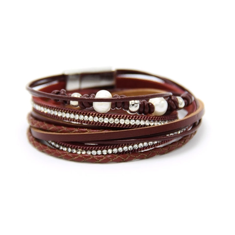 Bohemian Mehrlagiges Wickelarmband Für Damen Mit Künstlicher Perle Strass Inlay PU Leder Magnetverschluss Mode Schmuck