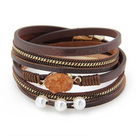 Boho Mehrlagiges Lederwickelarmband Für Damen Mit Künstlicher Perle Strass Eingelegtem Magnetverschluss Modeschmuck