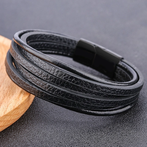 Bracelet Multicouche en Cuir PU pour Homme Boucle Magnétique en Alliage Punk Tressé Bangle Vintage Bijoux Masculins Cadeau
