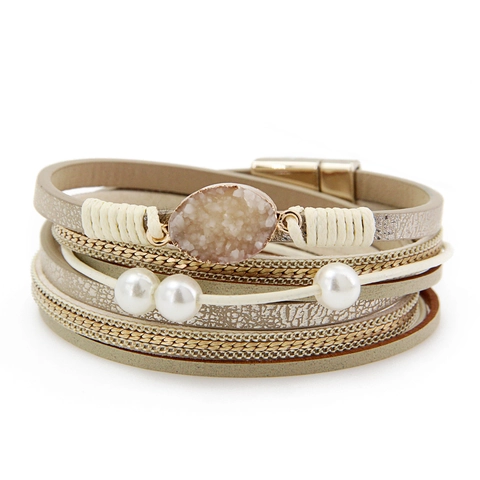 Boho Mehrlagiges Lederwickelarmband Für Damen Mit Künstlicher Perle Strass Eingelegtem Magnetverschluss Modeschmuck