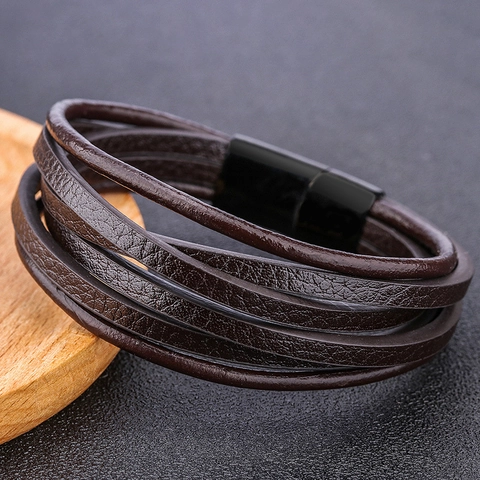 Bracelet Multicouche en Cuir PU pour Homme Boucle Magnétique en Alliage Punk Tressé Bangle Vintage Bijoux Masculins Cadeau