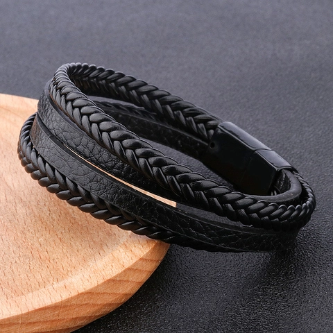 Vintage Multi-Layer Braided Leather Bracelet For Men Alloy Magnetic Clasp Punk Casual Handcrafted Fashion Jewelry Gift