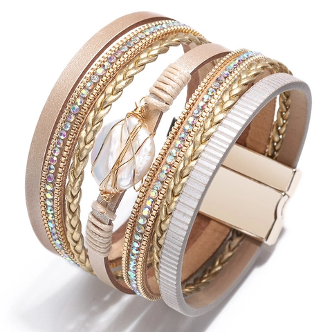 Bohemian Multi Layer PU Leather Wrap Bracelet For Women With Imitation Artificial Pearl Rhinestone Magnetic Clasp Fashion Jewelry Gift