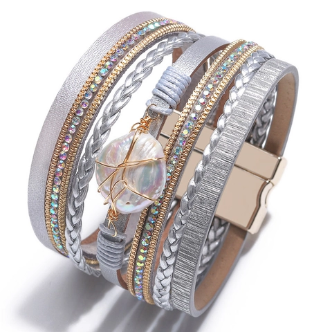 Bohemian Multi Layer PU Leather Wrap Bracelet For Women With Imitation Artificial Pearl Rhinestone Magnetic Clasp Fashion Jewelry Gift