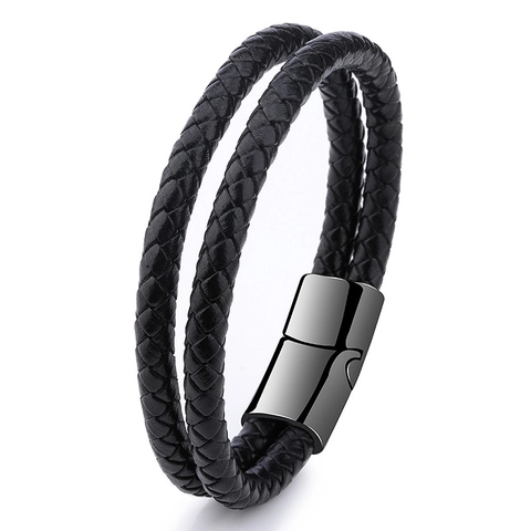 Bracciale da Uomo in Pelle PU Intrecciata Vintage Chiusura Magnetica in Acciaio Inossidabile Braccialetto Intrecciato