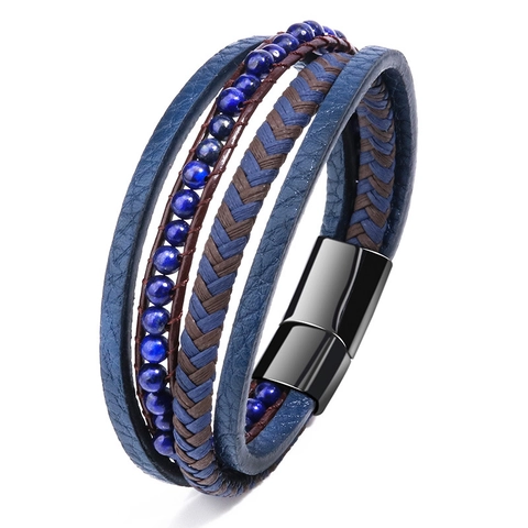 Bracciale Multistrato in Pelle Intrecciata Uomo Acciaio Inossidabile Pietra Occhio di Tigre Braccialetto Avvolgente Con Chiusura Magnetica Gioielli di Moda