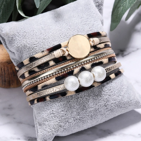 Bohemian Multi-layer Wrap Bracelet With Faux Artificial Pearl Alloy Leopard Print Leather Magnetic Buckle Bangle For Women Jewelry Gift