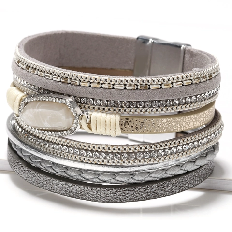 Bracciale Multistrato in Pelle Artificiale Bohemian per Donna Bracciale Avvolgente Intrecciato in Lega con Strass e Chiusura Magnetica