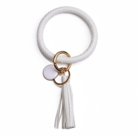 PU Leder O-Ring Sleutelhanger Armband voor Dames Met Kwastje Hanger Geometrische Ronde Armband Sleutelring Mode Accessoire