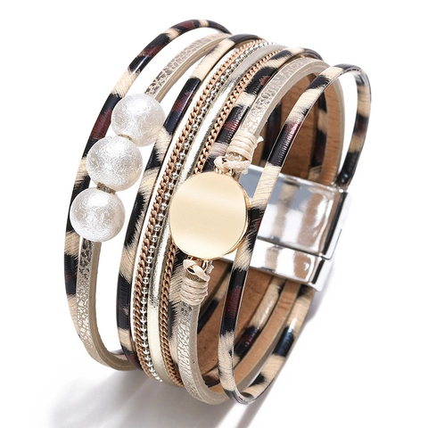 Bohemian Multi-layer Wrap Bracelet With Faux Artificial Pearl Alloy Leopard Print Leather Magnetic Buckle Bangle For Women Jewelry Gift