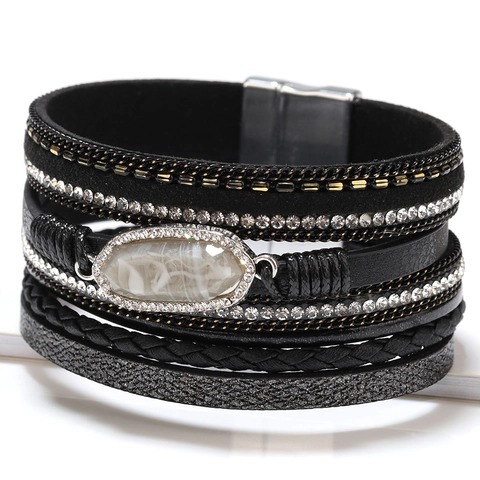 Bracciale Multistrato in Pelle Artificiale Bohemian per Donna Bracciale Avvolgente Intrecciato in Lega con Strass e Chiusura Magnetica
