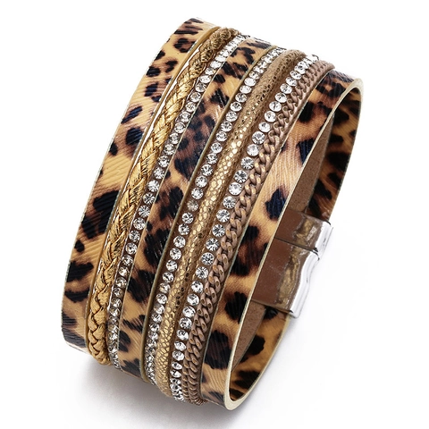 Bohemian Multi Layer Alloy Leopard Print PU Leather Rhinestone Magnetic Buckle Wrap Bracelet For Women Daily Fashion Jewelry