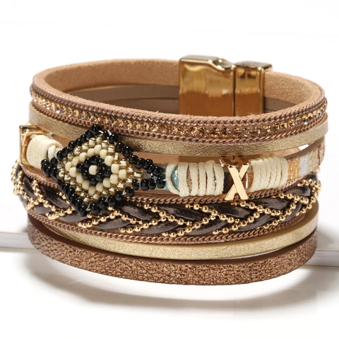 Pulsera Envolvente de Cuero de Varias Capas Bohemio Aleación Strass Ojo Turco Cuentas Cierre Magnético Joyería Étnica Mujer