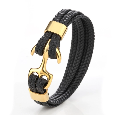 Vintage Men Stainless Steel Anchor Bracelet Multi-layer Braided Leather Rope Bangle Nautical Marine Fashion Handwoven Jewelry
