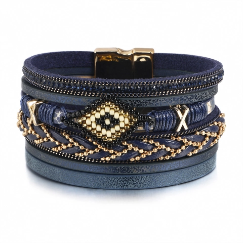 Pulsera Envolvente de Cuero de Varias Capas Bohemio Aleación Strass Ojo Turco Cuentas Cierre Magnético Joyería Étnica Mujer