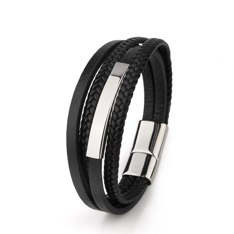 Bracciale Multistrato in Ecopelle Intrecciata da Uomo Con Chiusura Magnetica in Acciaio Inossidabile Stile Vintage Minimalista Nero Gioielli Uomo