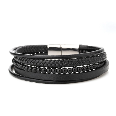 Pulsera de Cuero Trenzado Multicapa para Hombre con Cierre Magnético de Acero Inoxidable Cuentas de Acero de Titanio Joyería Punk