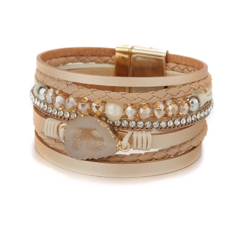 Bracciale Avvolgente a Più Strati Vintage Bohémien In Pelle PU Lega Cristallo Perla Artificial Sintetica Fibbia Magnetica Per Donna Gioielli