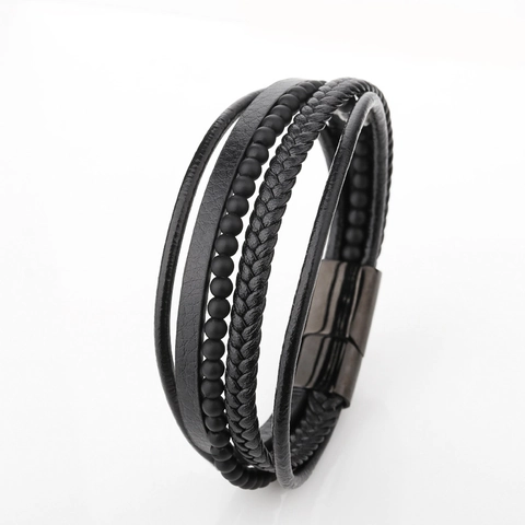 Pulsera de Cuero Trenzado Multicapa para Hombre con Cierre Magnético de Acero Inoxidable Cuentas de Acero de Titanio Joyería Punk