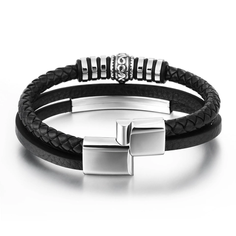 Men Multi-layer Cowhide Leather Woven Bracelet Stainless Steel Magnetic Clasp Vintage Punk Titanium Steel Bangle Jewelry