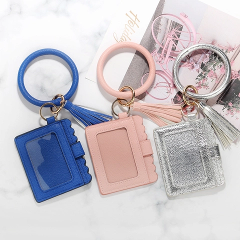 PU Leather Wristlet Keychain With Tassel Card Holder For Women ID Window Scalloped Edge Coin Purse Key Ring Accessories