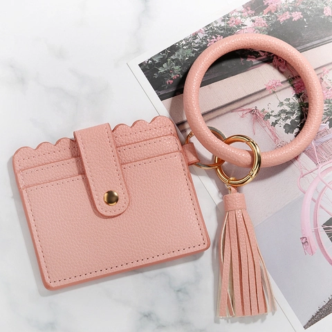 PU Leather Wristlet Keychain With Tassel Card Holder For Women ID Window Scalloped Edge Coin Purse Key Ring Accessories