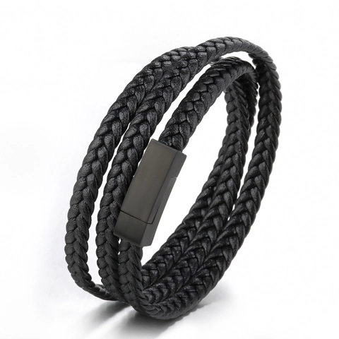 Mehrlagiges Geflochtenes Lederarmband Mit Magnetverschluss Aus Titanstahl Vintage Industrieller Stil Schmuck Für Herren Und Damen