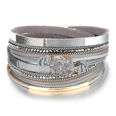 Bohemian Multi-Layer PU Leather Bracelet With Druzy Stone Rhinestone Stainless Steel Magnetic Clasp Wrap Bangle For Women