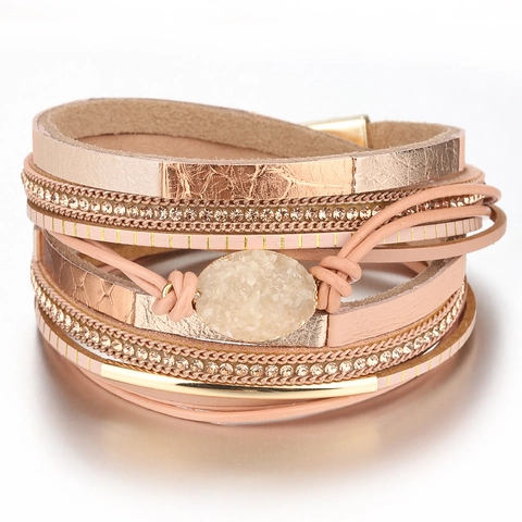 Bohemian Multi-Layer PU Leather Bracelet With Druzy Stone Rhinestone Stainless Steel Magnetic Clasp Wrap Bangle For Women