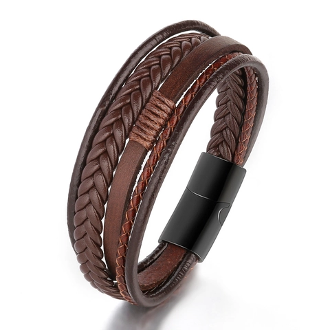 Men Multi-layer Braided Leather Bracelet Stainless Steel Magnetic Clasp Tiger Eye Stone Vintage Punk Jewelry Gift For Men