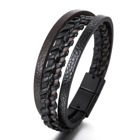 Bracciale da Uomo Multistrato in Pelle Intrecciata Chiusura Magnetica in Lega Stile Punk Etnico Vintage Gioielli
