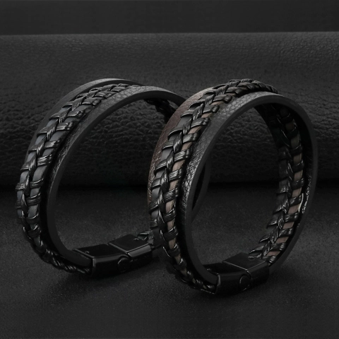 Bracciale da Uomo Multistrato in Pelle Intrecciata Chiusura Magnetica in Lega Stile Punk Etnico Vintage Gioielli