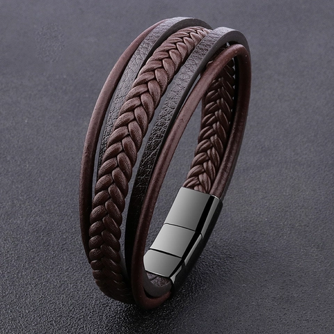 Retro Hand Woven Multi Layer Leather Bracelet For Men Stainless Steel Magnetic Clasp Bangle European Fashion Jewelry Gift