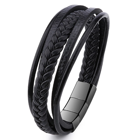 Retro Hand Woven Multi Layer Leather Bracelet For Men Stainless Steel Magnetic Clasp Bangle European Fashion Jewelry Gift