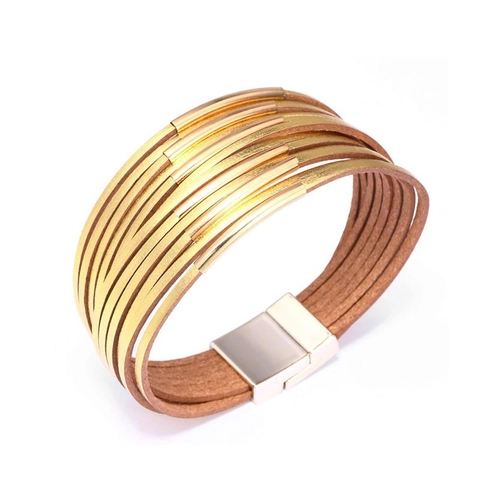 Women Multilayer Leather Wrap Bracelet With Magnetic Clasp Rhinestone Alloy Boho Fashion Handwoven Bangle Jewelry Gift