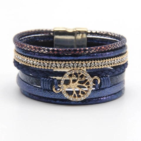 Böhmisch Mehrlagig Wickelarmband PU-Leder Legierung Lebensbaum Anhänger Strass Magnetverschluss Armreif Damen Schmuck