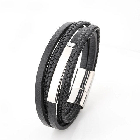 Pulsera de Cuero Trenzado de Varias Capas para Hombre Con Cierre Magnético de Acero Inoxidable Punk Retro PU Acero de Titanio Joyería