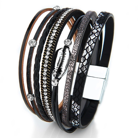 Pulsera Multicapa de Cuero Sintético para Mujer Concha de Aleación Diamante de Imitación Hebilla Magnética Joyería Vintage
