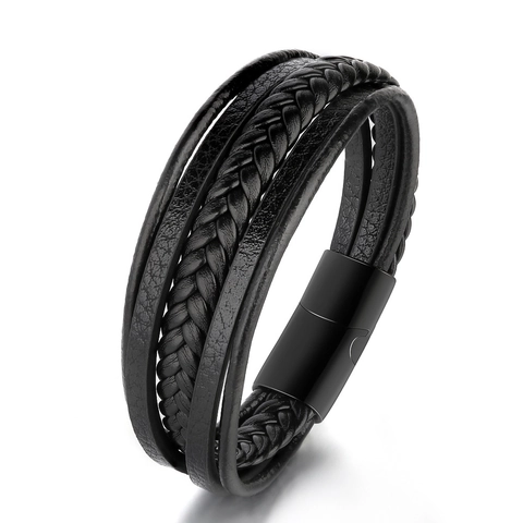 Vintage Multilayer Braided Leather Bracelet For Men Titanium Steel Magnetic Clasp Trendy Casual Jewelry Punk Hand Wrap Bangle