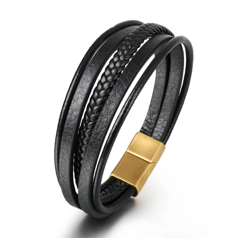 Bracciale in Pelle Intrecciata Multistrato Vintage Etnico da Uomo Chiusura Magnetica in Acciaio al Titanio Oro Gioielli