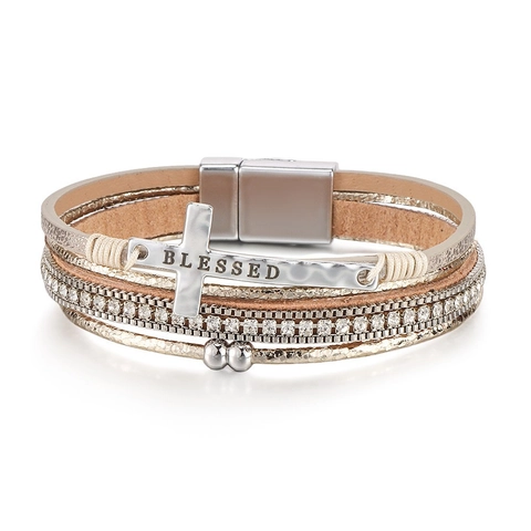 Bohemian Mehrlagiges Leder Kreuz Armband Für Damen Strass Armreif Mit Blessed Gravierter Metallplatte Magnetverschluss Schmuck