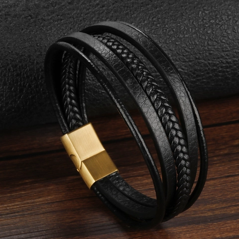 Bracciale in Pelle Intrecciata Multistrato Vintage Etnico da Uomo Chiusura Magnetica in Acciaio al Titanio Oro Gioielli